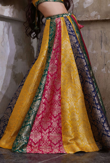 Multicolor Banarasi Jacquard Kalidar Skirt With Tassels
